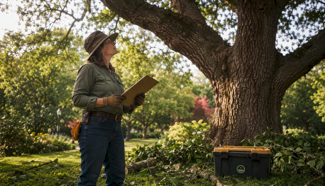 Arborist examining oak tree and consulting tablet