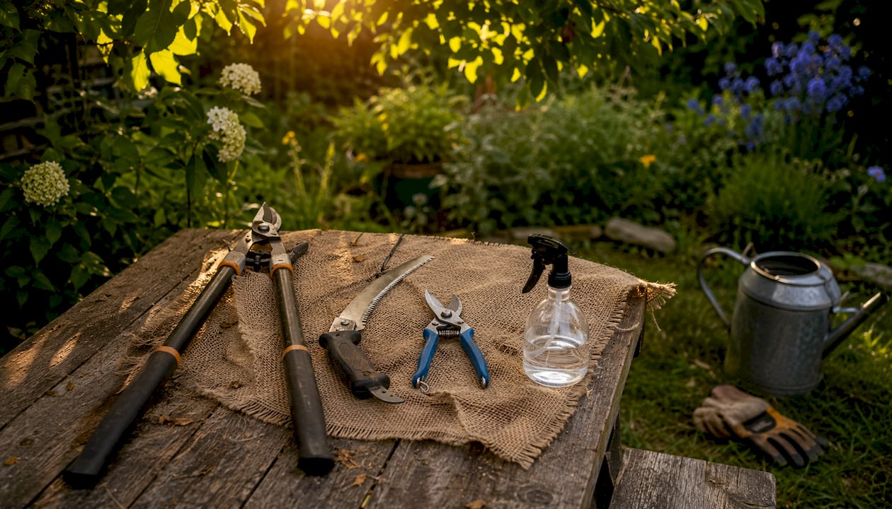 Close-up of seasonal pruning tools arrayed outdoors