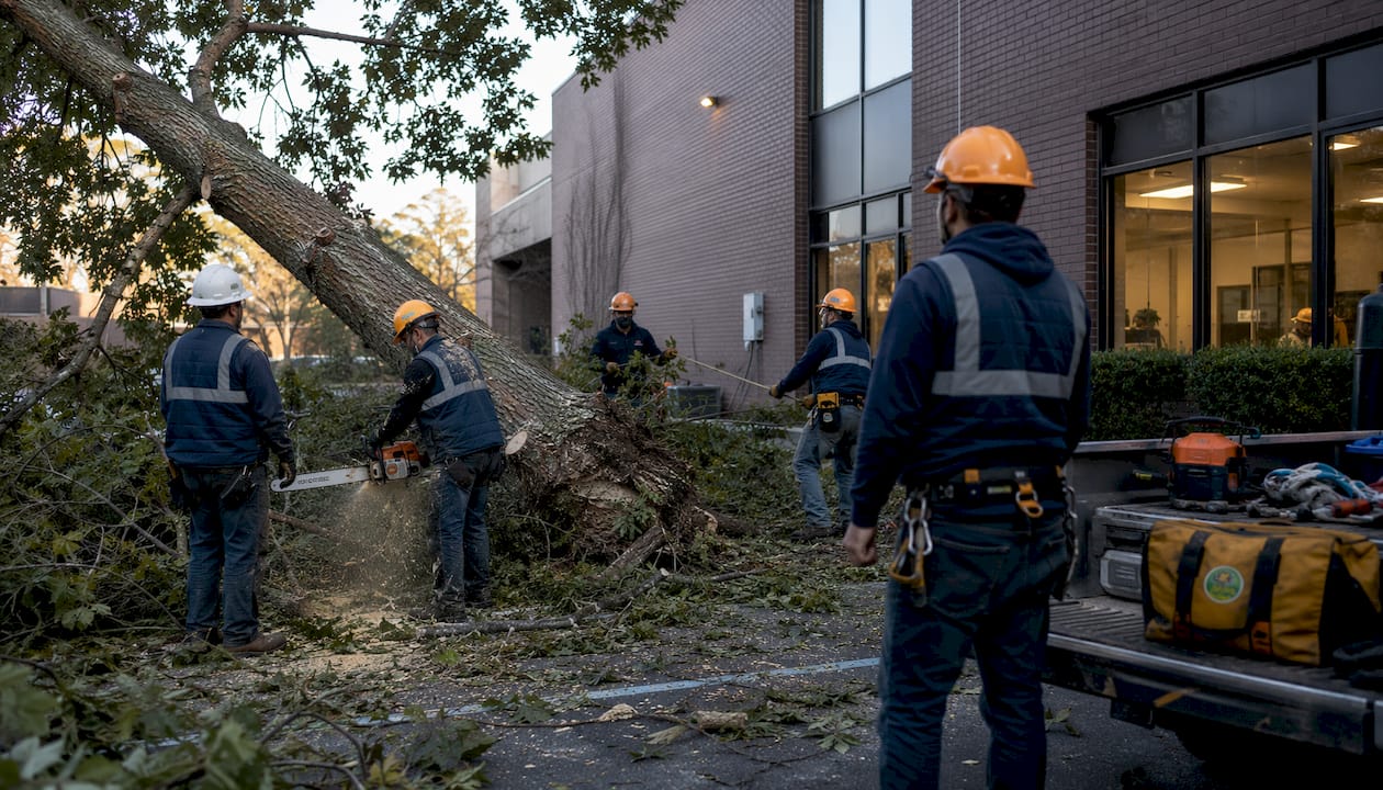 Emergency tree removal crew at commercial site