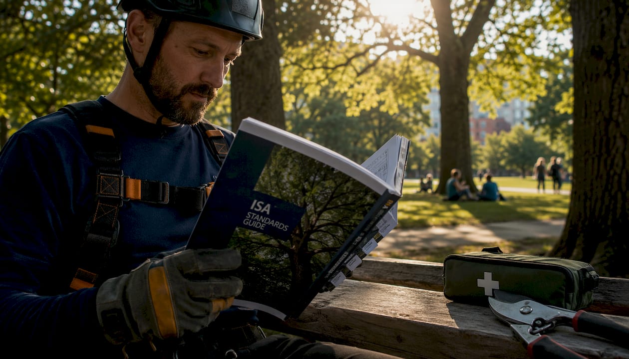 Arborist hands holding ISA standards guide outdoors