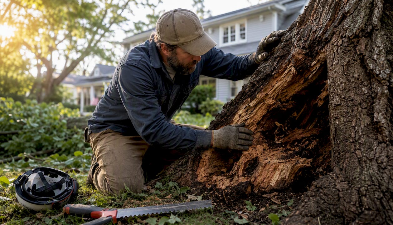 Arborist inspecting damaged tree trunk base