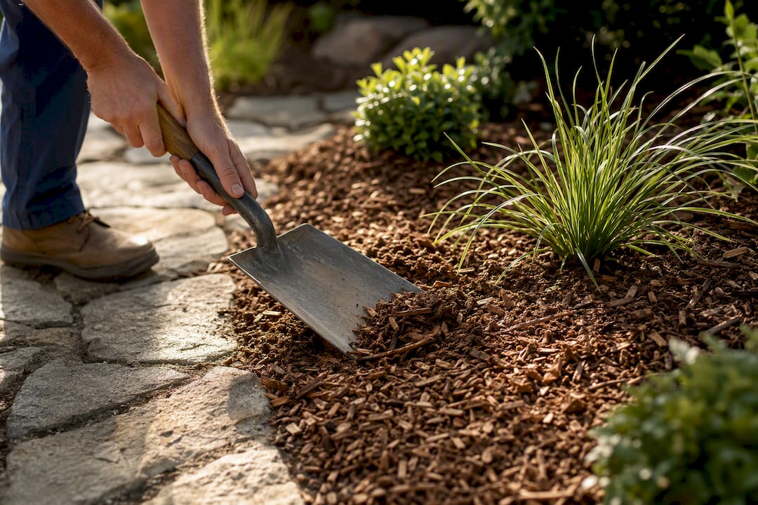 Flat spade spreading wood chips evenly