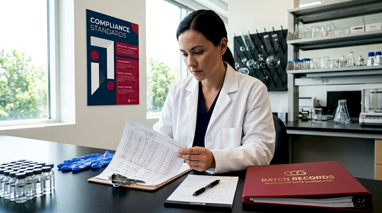 Lab technician reviewing batch records and notes