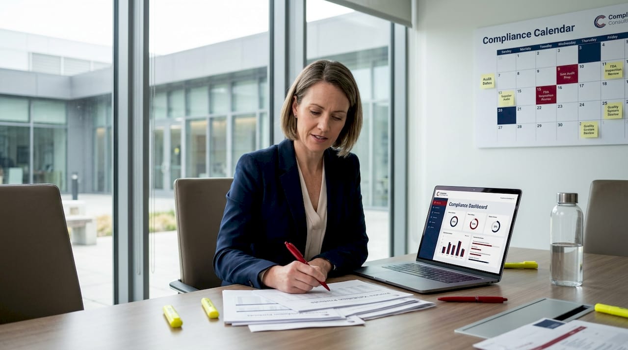 Auditor reviewing compliance documents and validation records