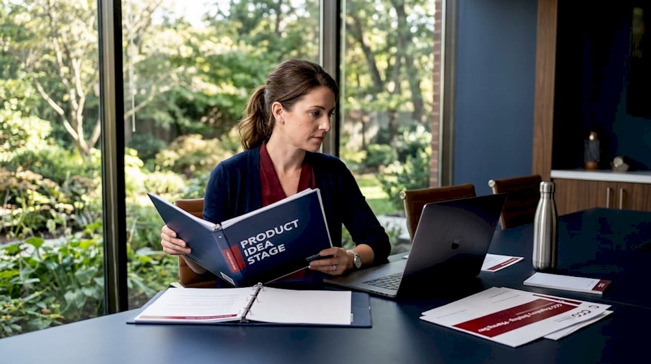 Project manager reviews pharma regulatory planning binder