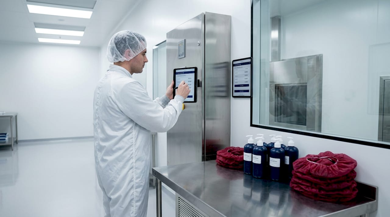 Cleanroom technician logs data at pharmaceutical facility