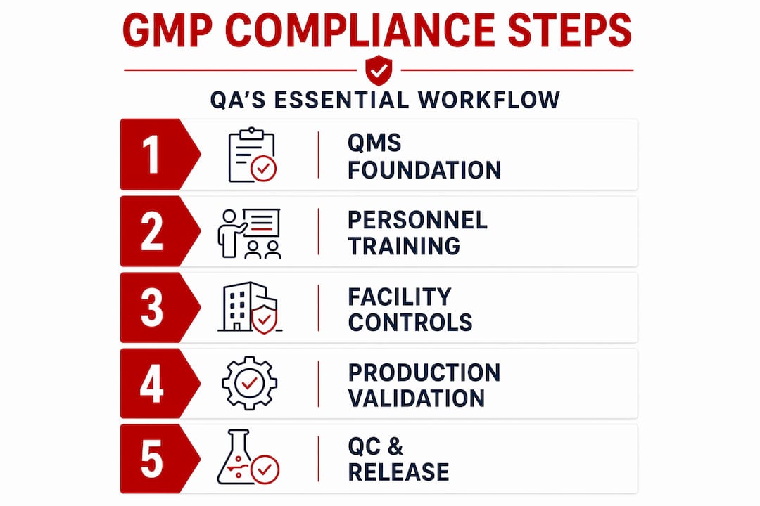 Infographic showing GMP compliance steps in QA workflow