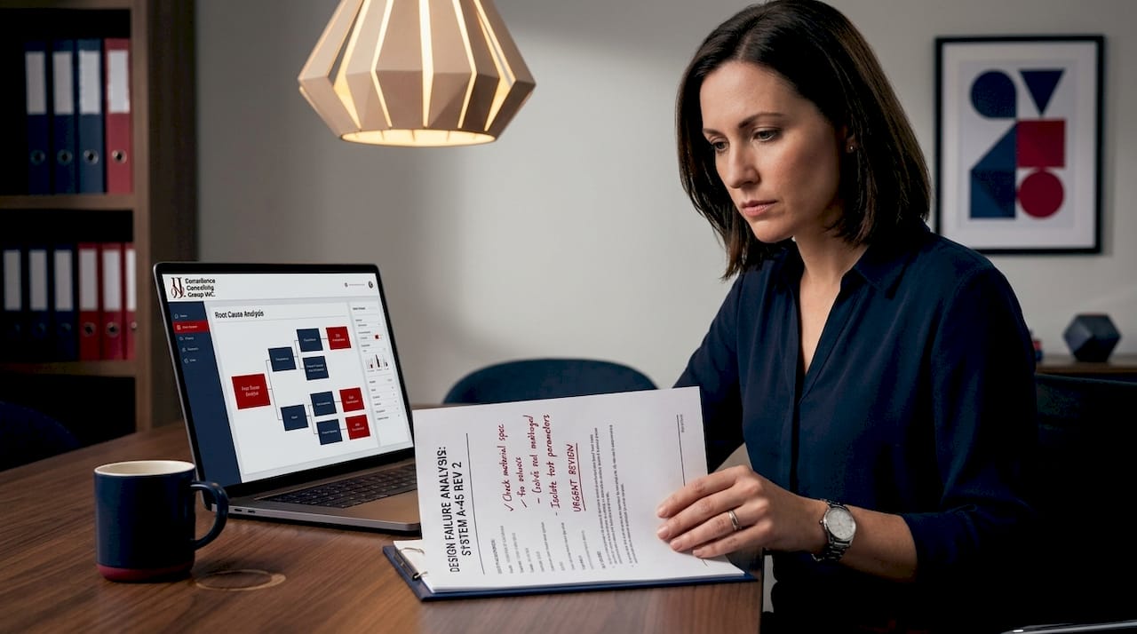 Quality manager reviewing device failure report