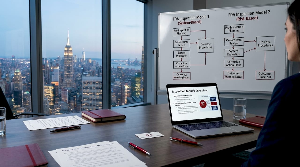 Conference room with FDA inspection model comparison whiteboard