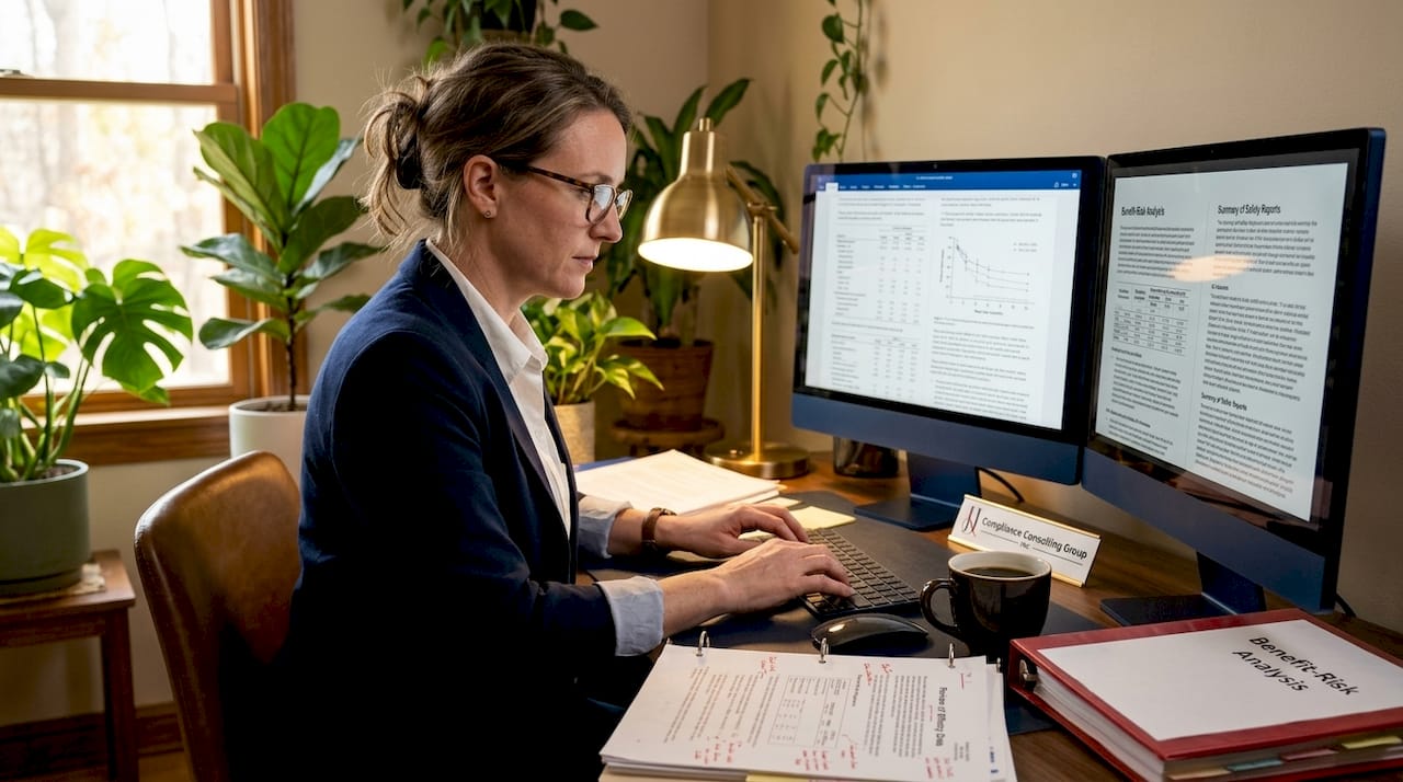 FDA reviewer analyzing drug benefit-risk reports in office