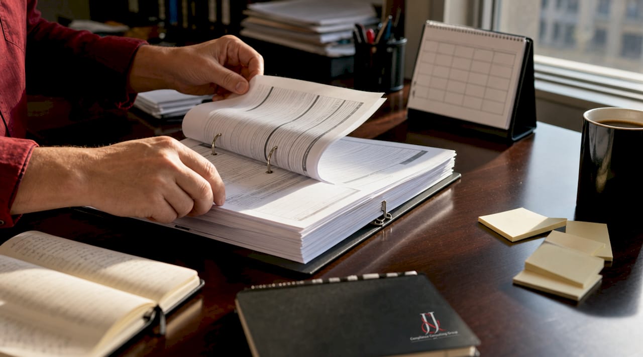 Overhead view of hands holding FDA tobacco regulation binder