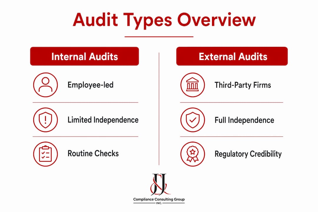 Infographic comparing audit types in pharma compliance