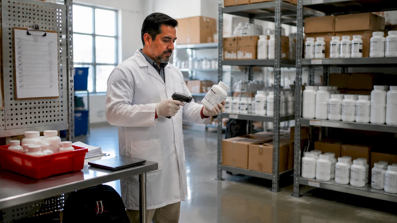 Inspector checking supplements in cGMP compliant warehouse