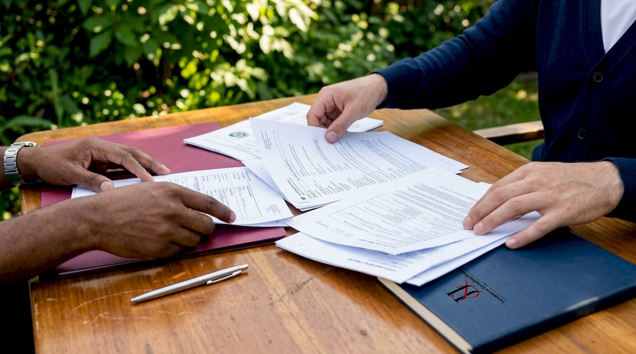 Hands organizing FDA submission documents on table