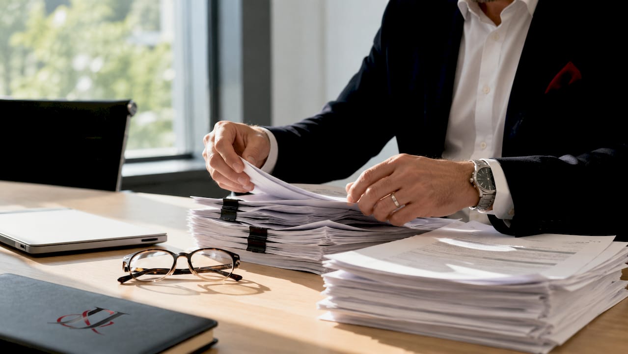Hands sorting CGMP and GMP compliance documents on table