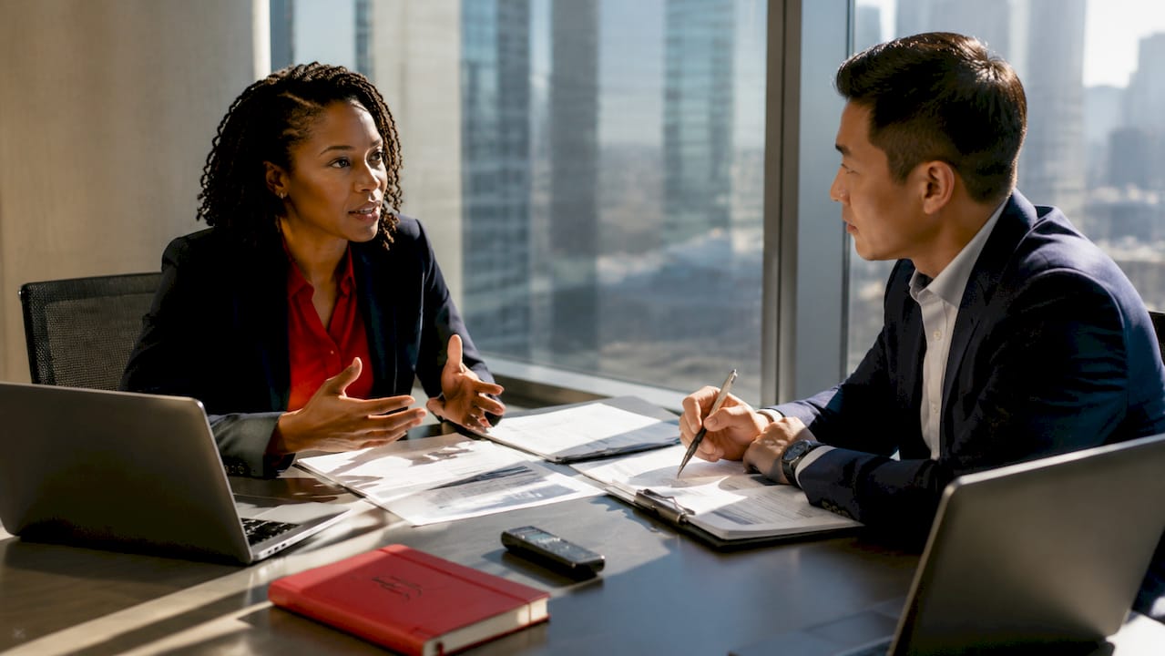 Compliance specialists discussing audit findings at table