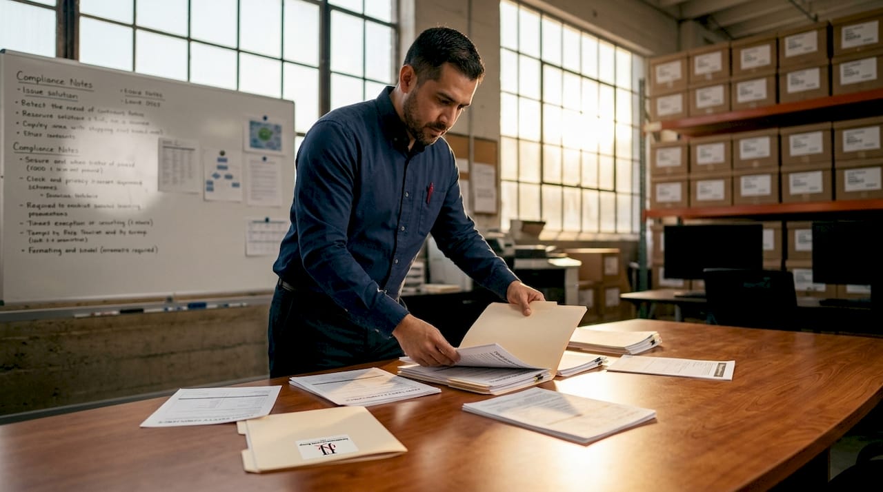 Hands organizing FDA import safety documents