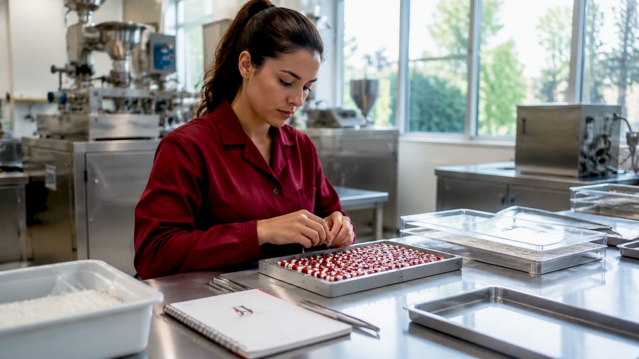 Technician assembling capsules in clean manufacturing lab