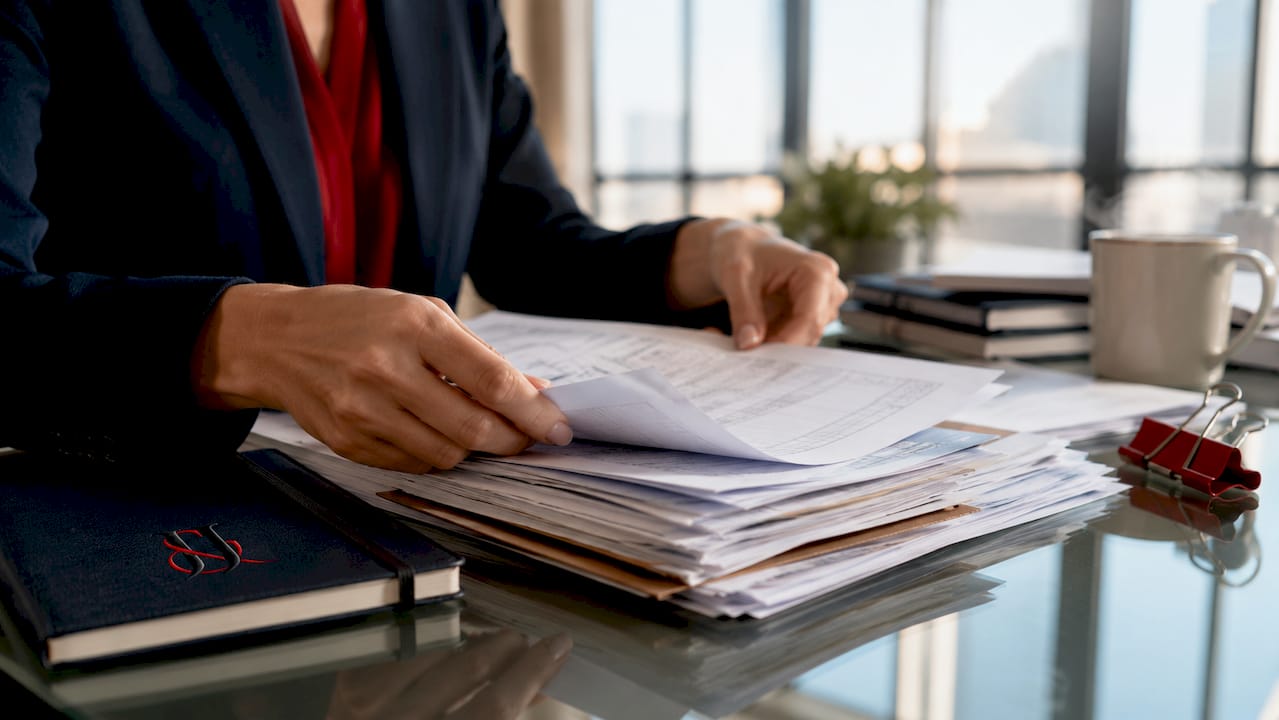 Hands organizing supplement registration paperwork on table