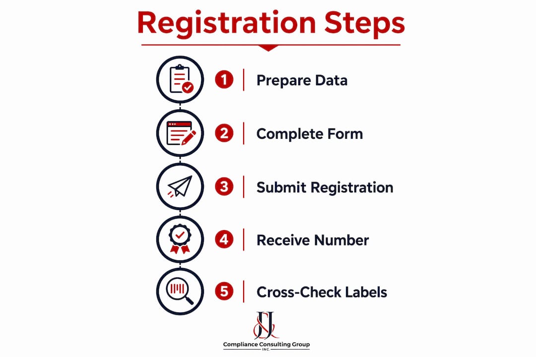 Infographic outlining FDA supplement registration steps in vertical flow