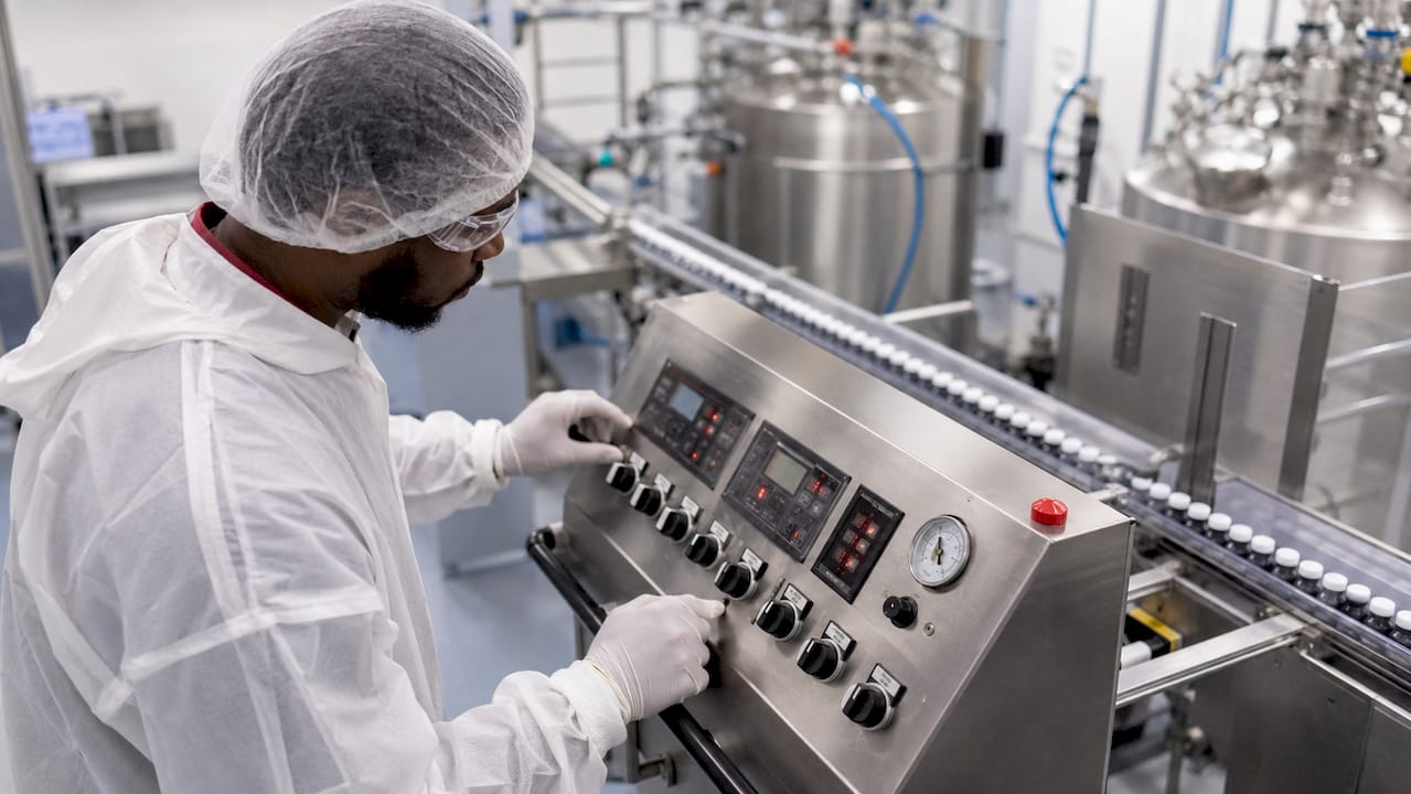 Technician adjusting pharma process monitoring controls