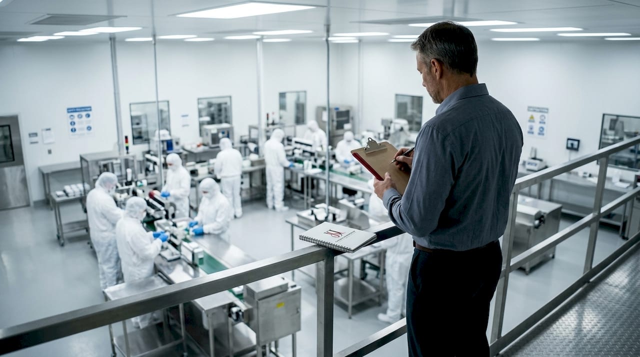 Auditor inspecting GMP manufacturing cleanroom through window