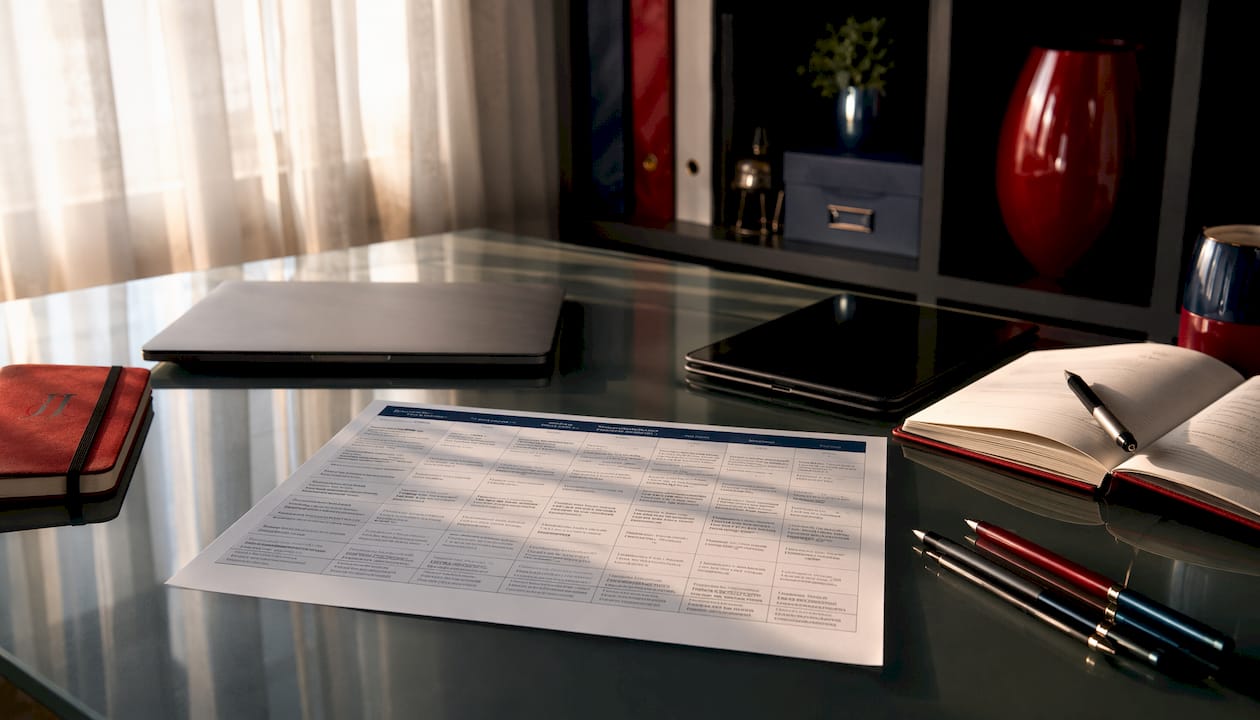 Overhead view of label elements and standards table on meeting table