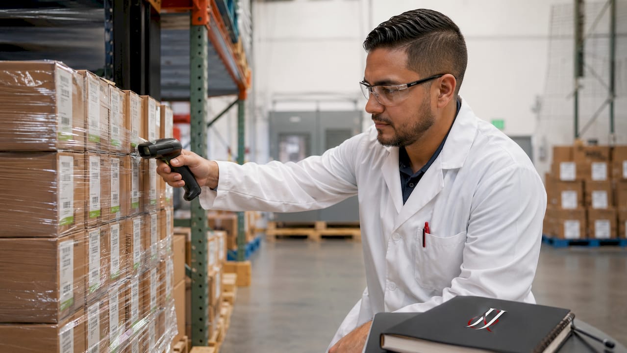 Inspector auditing supplement products in warehouse