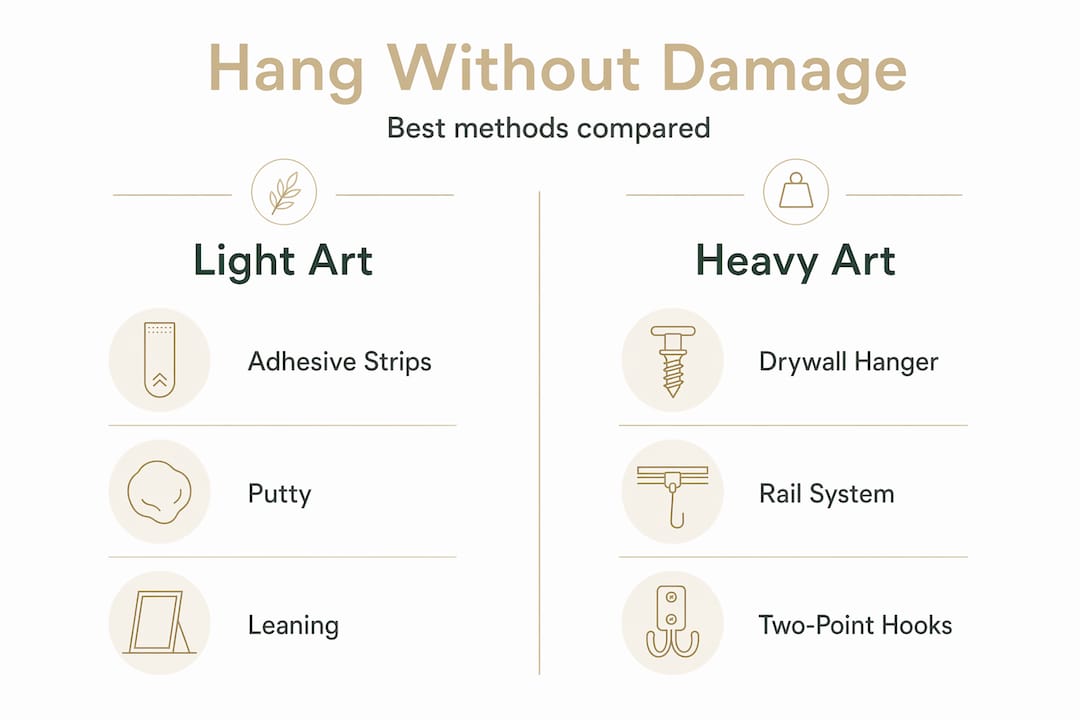 Infographic comparing light and heavy art hanging methods