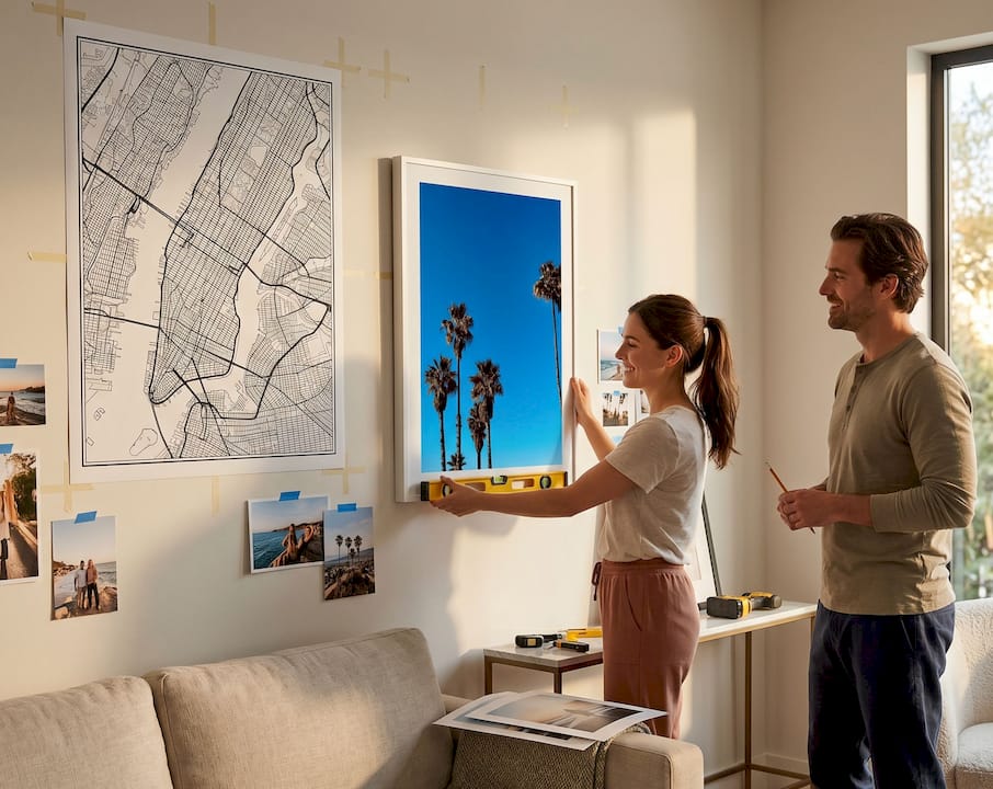 Woman arranging travel photo gallery wall