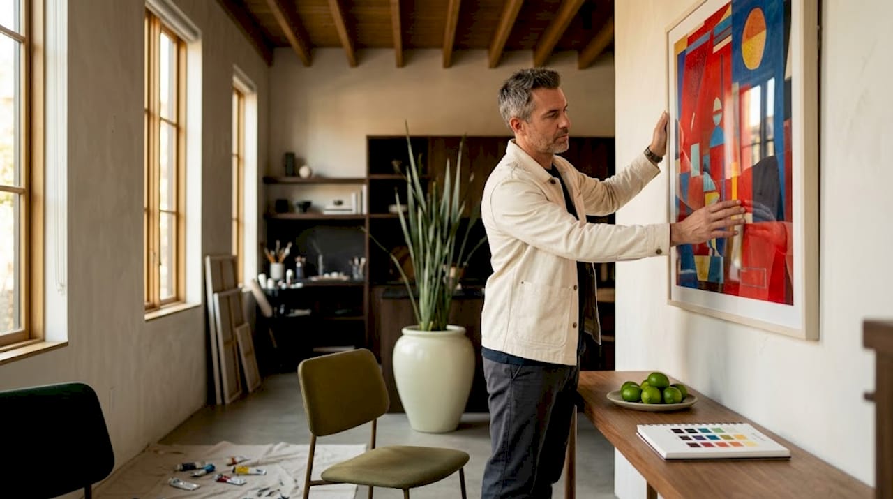 Man hangs statement art, drawing eye upward