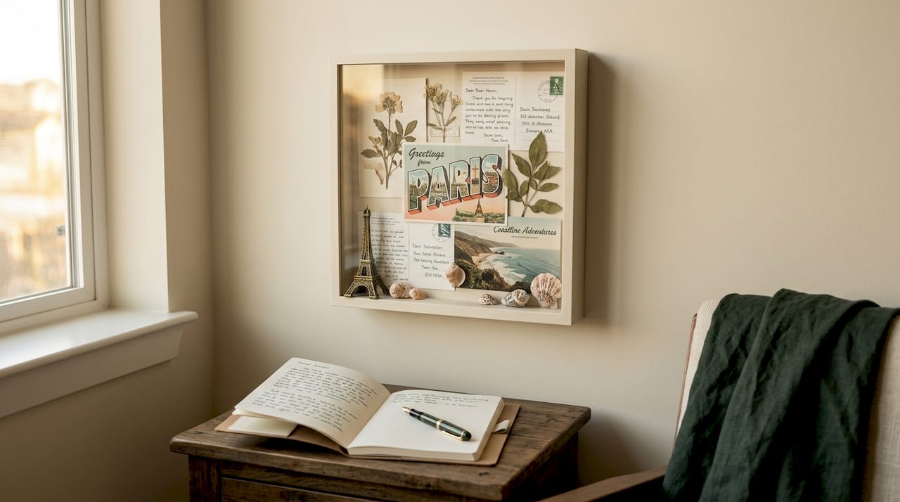 Shadow box display with travel keepsakes