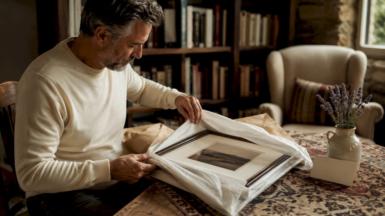 Man thoughtfully unwrapping framed art gift