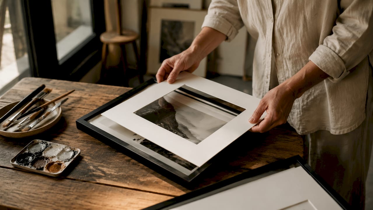Hands framing black and white print with white mat