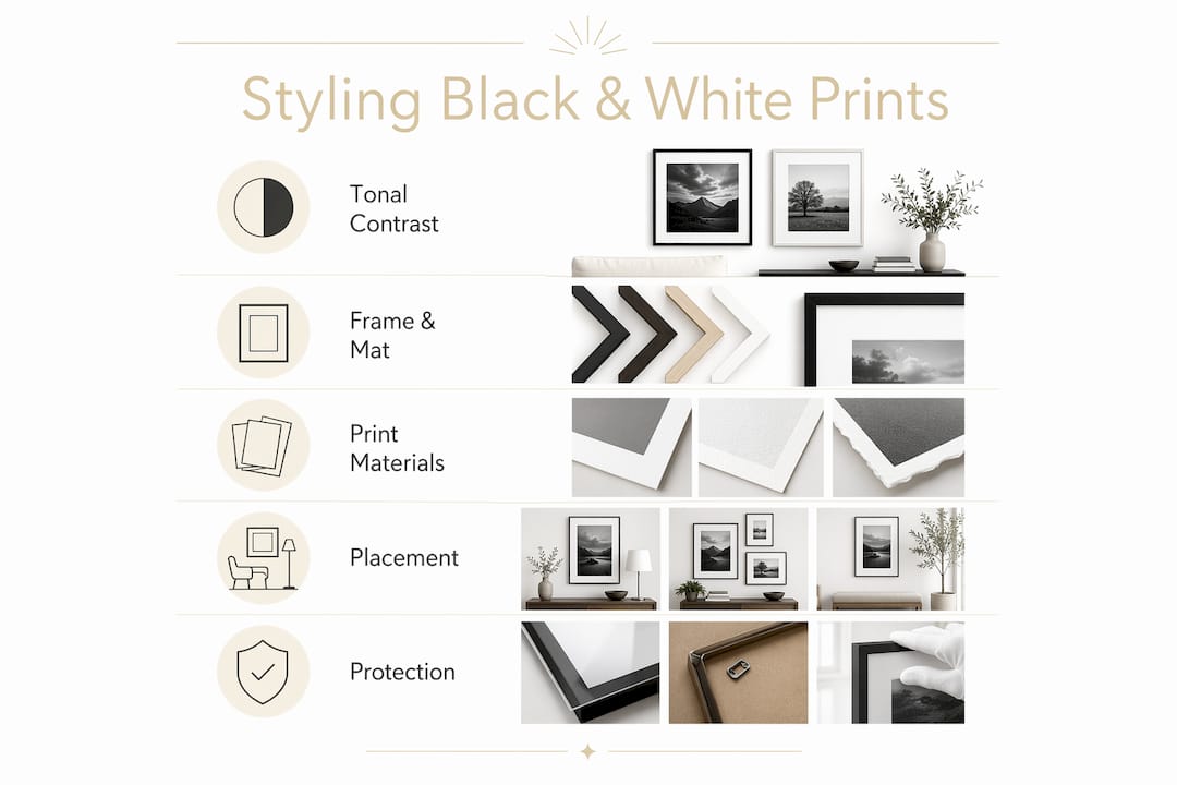 Infographic showing styling steps for black and white prints