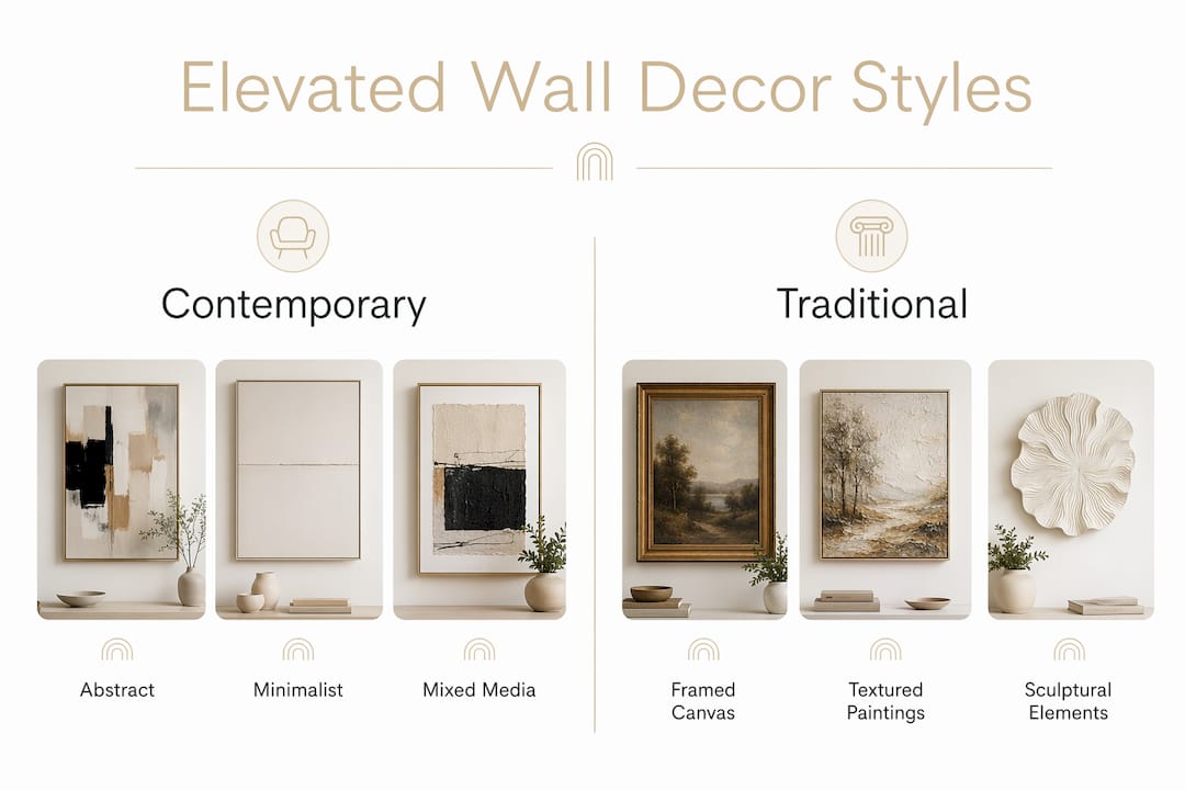 Infographic comparing contemporary and traditional elevated wall decor styles