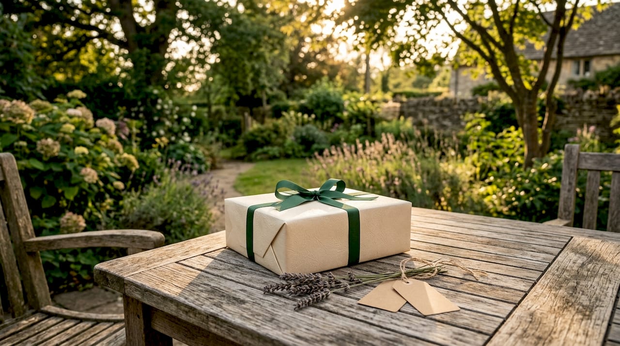 Close-up of art gift packaging on wooden table