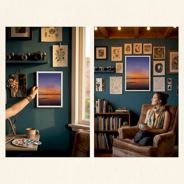 Elderly hands holding framed wall art closely