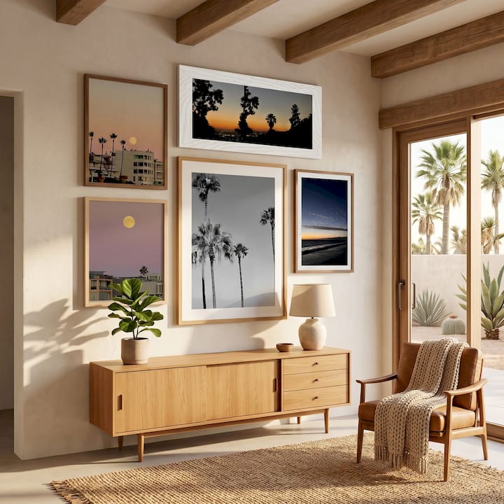 Craftsman handling archival canvas print with materials on bench