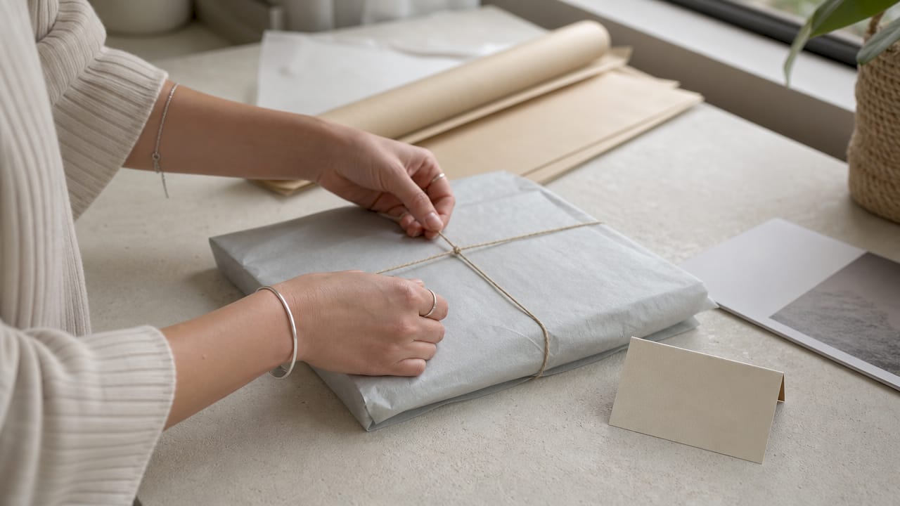 Close-up of hand wrapping art print with natural materials