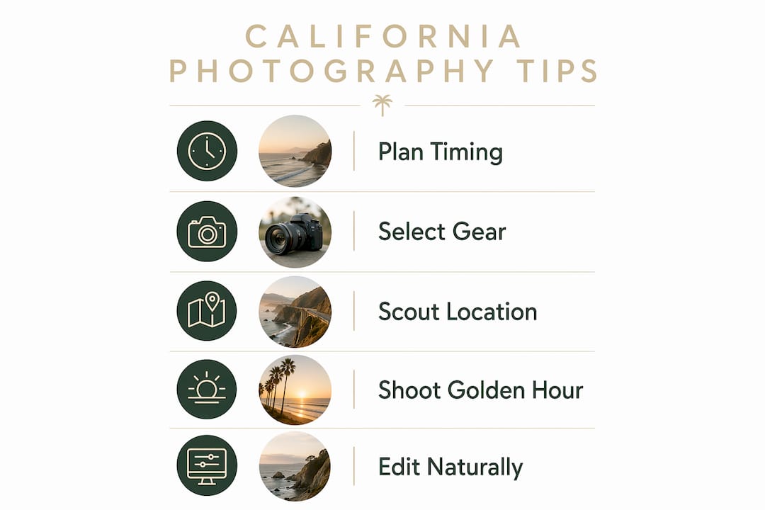 Infographic illustrating California photography tips