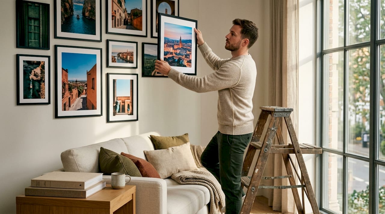 Young man arranging travel photo wall