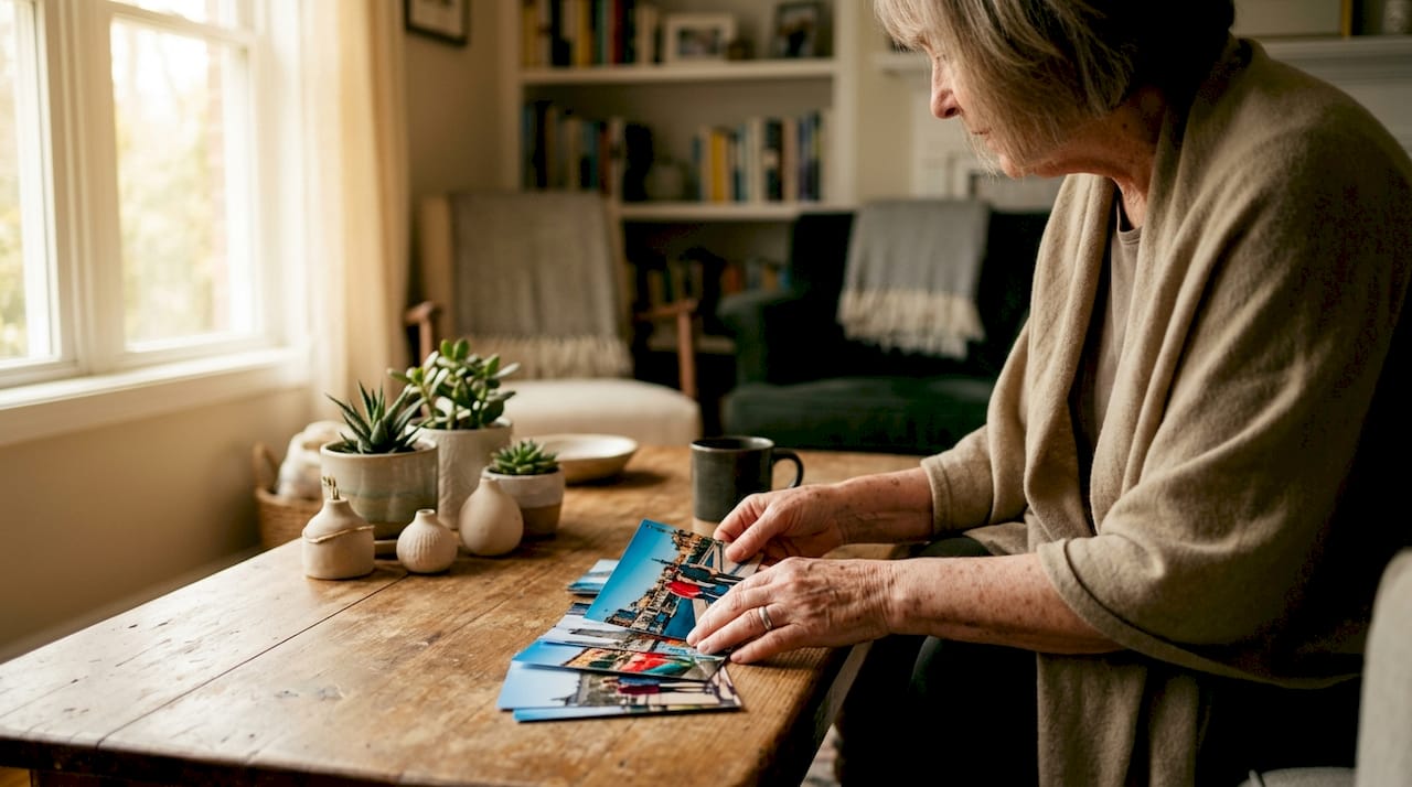 Senior woman arranging prints on table overhead view