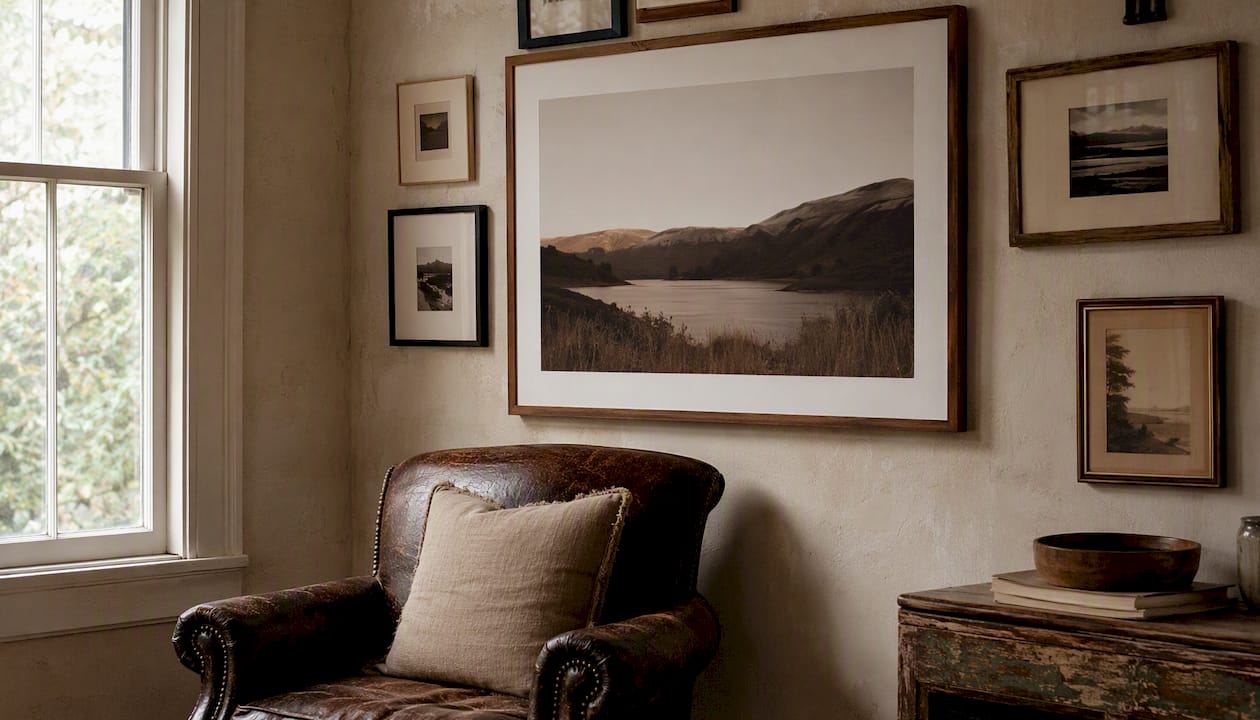 Off-center large framed photo on gallery wall
