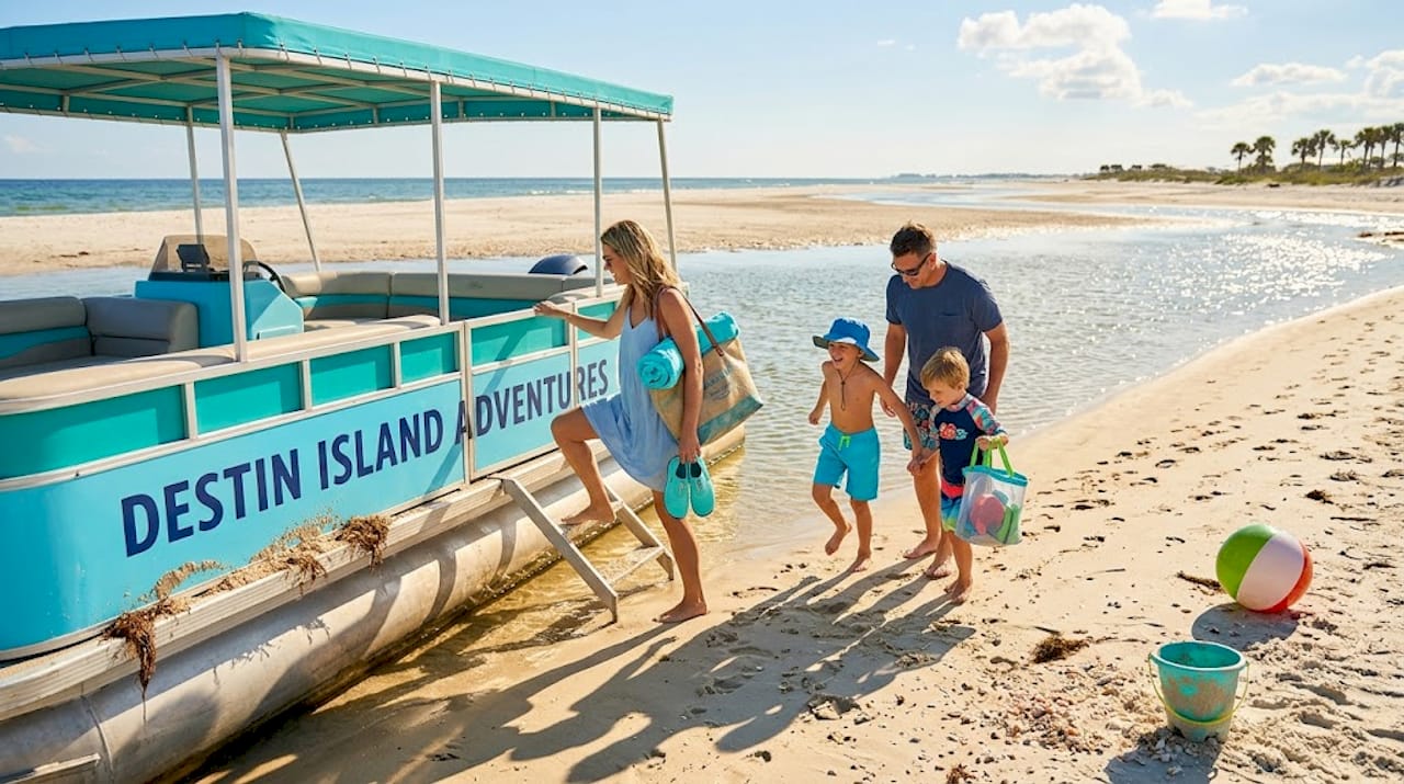 Family boarding boat at Destin sandbar low tide