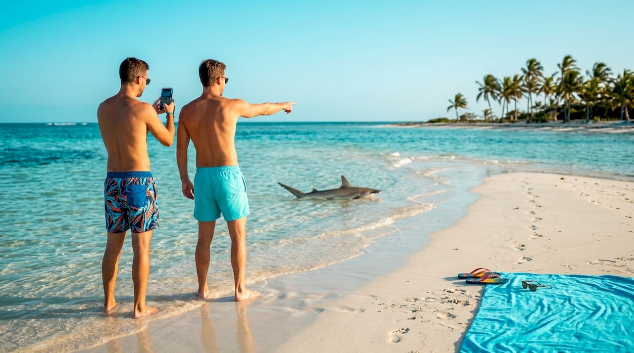 People spotting hammerhead shark in shallow water