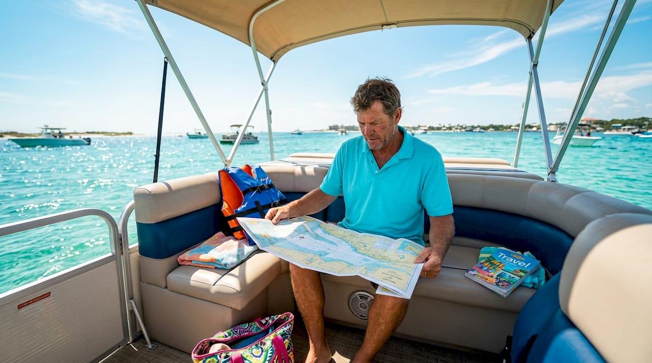 Man reviewing map on pontoon boat rental