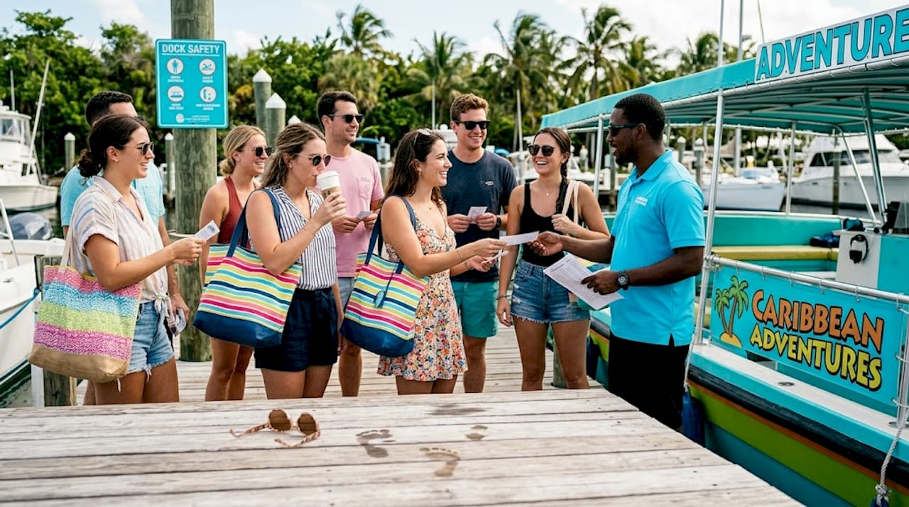 Group boarding together for boat tour