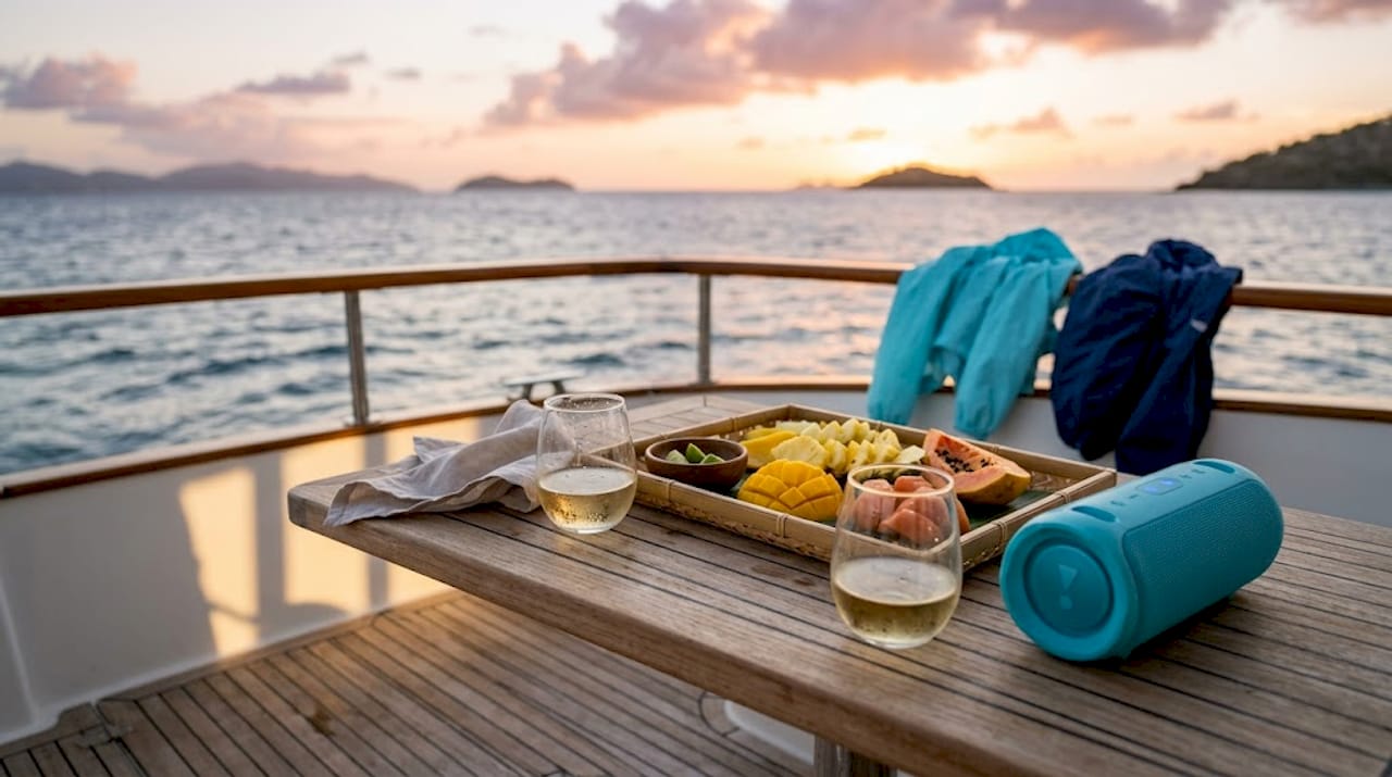 Wine glasses and fruit on charter boat deck
