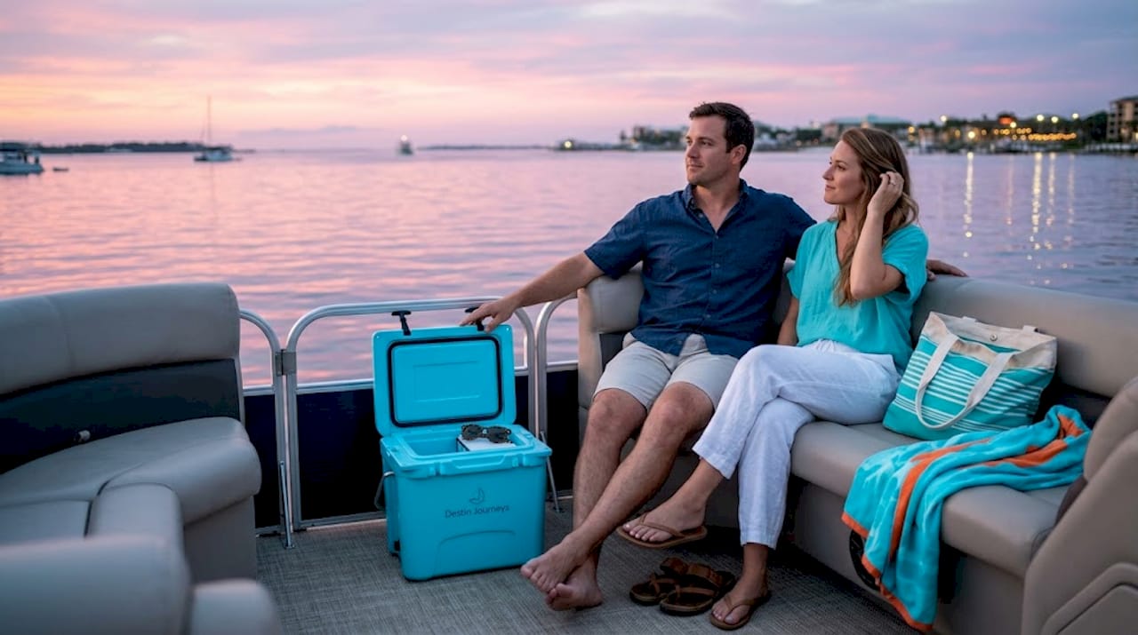 Couple relaxes on boat at Destin sunset